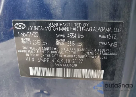 2020 Hyundai Sonata Sel from USA, damaged, VIN 5NPEL4JAXLH038127